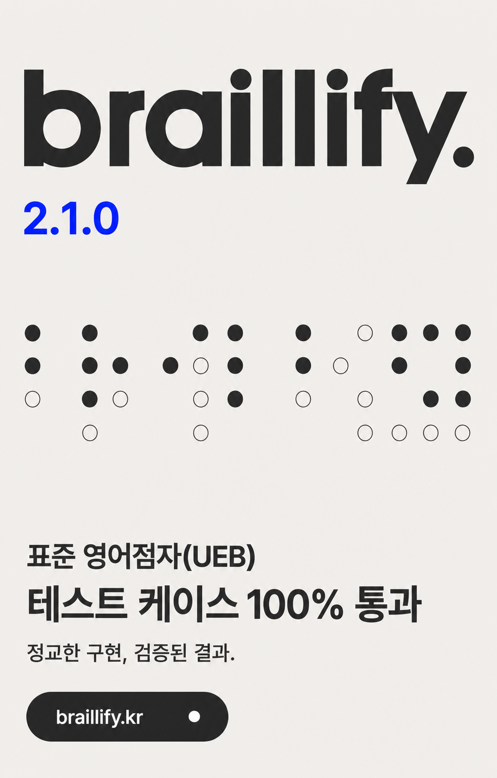 Braillify 2.1.0 표준 영어점자(UEB) 테스트 케이스 100% 통과